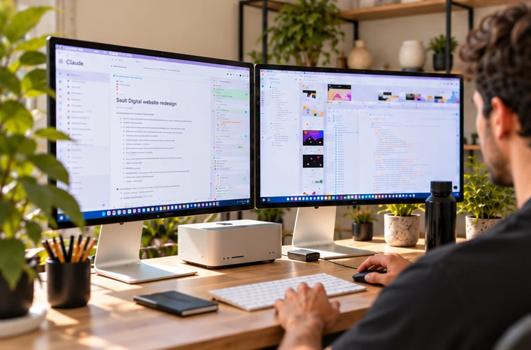 Designer working across two screens in the Sault Digital studio